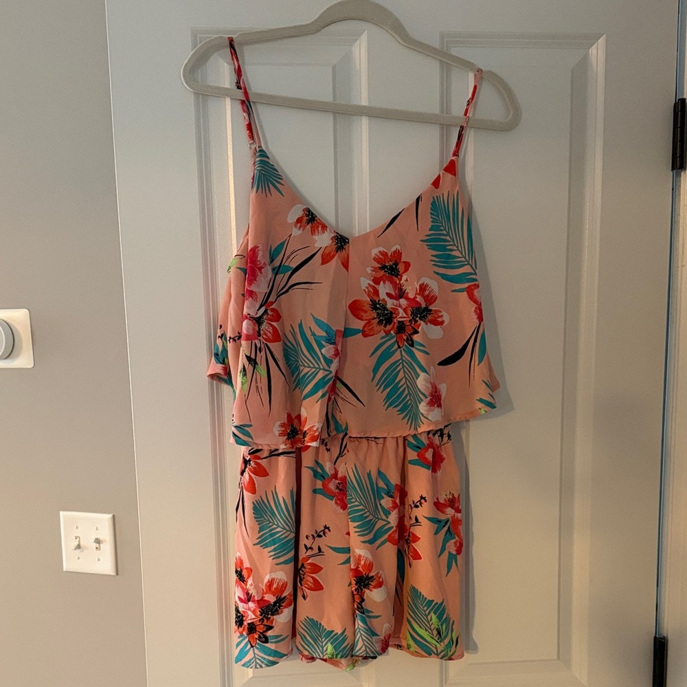 Tropical Floral Romper in Coral, Pink, Teal